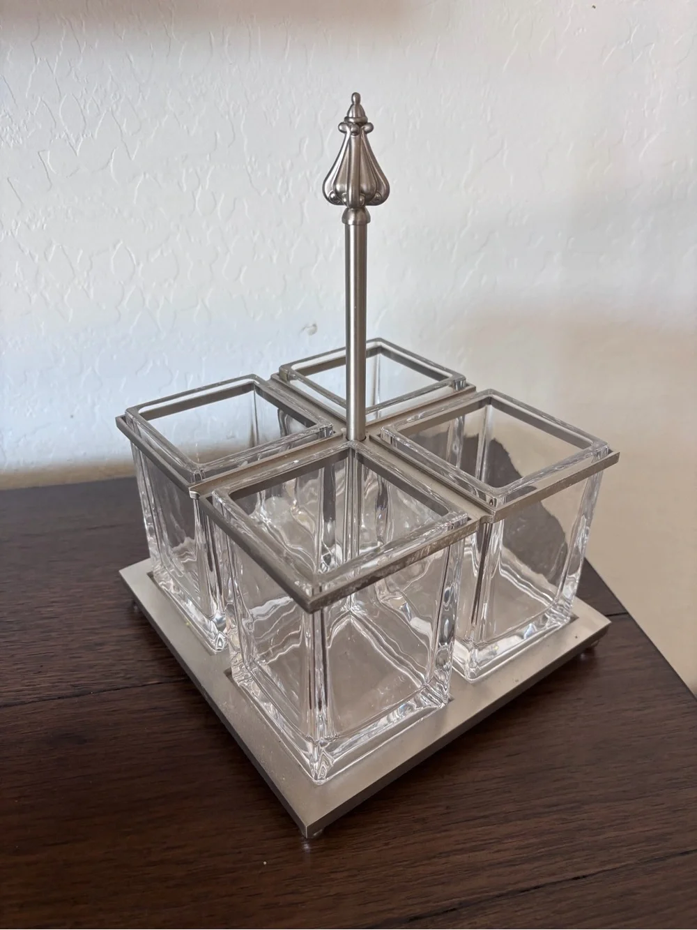 Southern Living Retired Glass 4-Piece Condiment Caddy with Silver Metal Frame